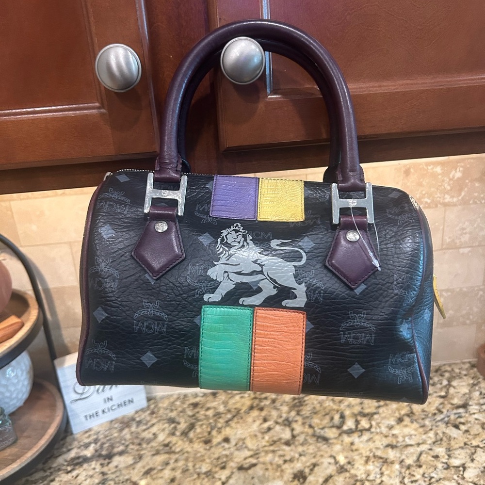MCM Visetos Lion Princess Boston Bag Black in Leather